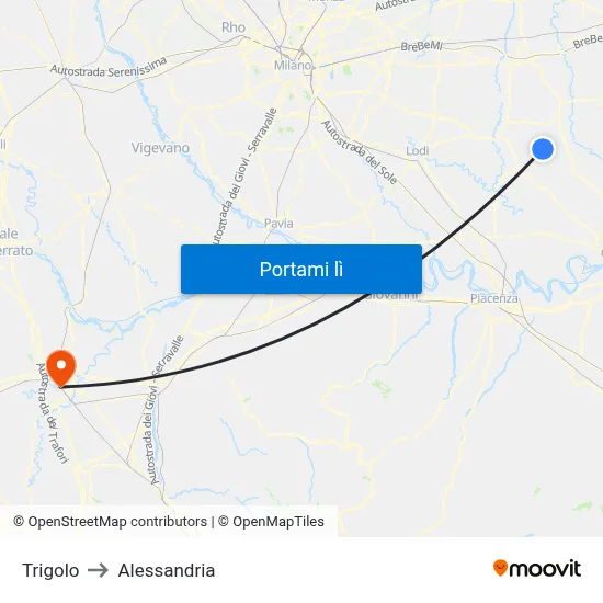 Trigolo to Alessandria map