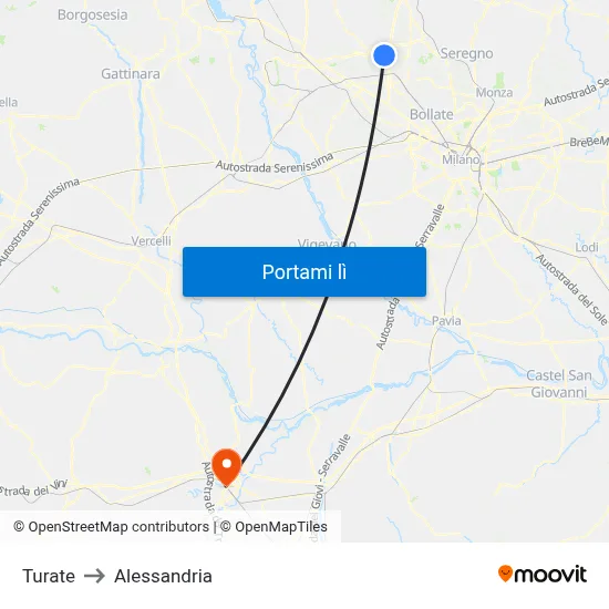 Turate to Alessandria map