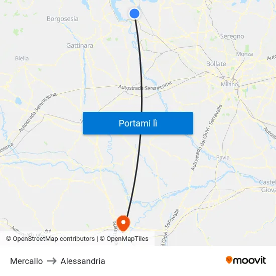 Mercallo to Alessandria map