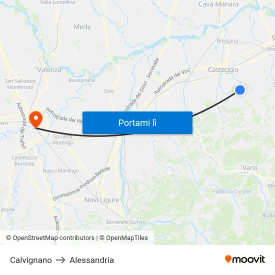 Calvignano to Alessandria map