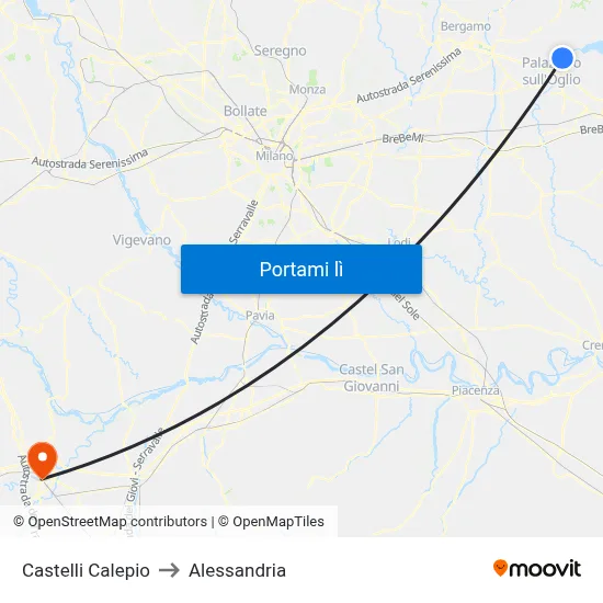 Castelli Calepio to Alessandria map