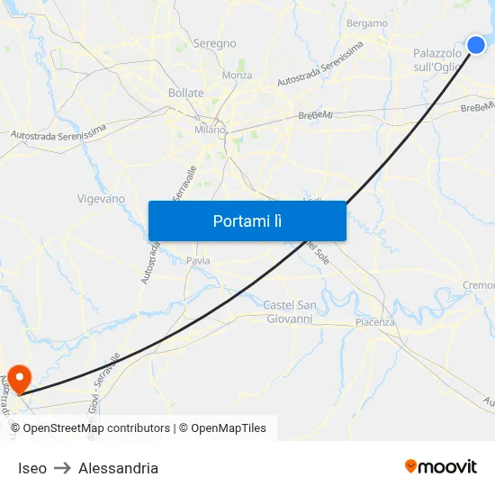Iseo to Alessandria map