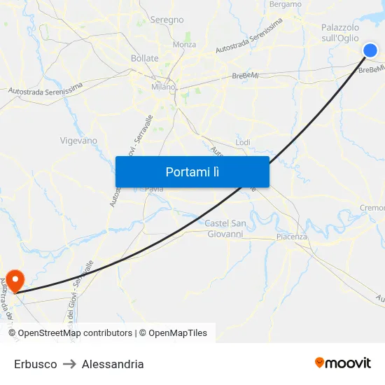 Erbusco to Alessandria map