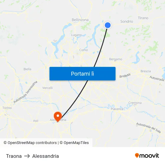 Traona to Alessandria map