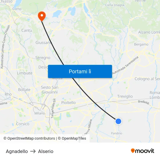 Agnadello to Alserio map