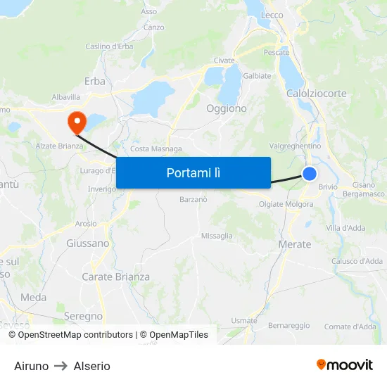 Airuno to Alserio map