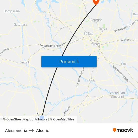 Alessandria to Alserio map