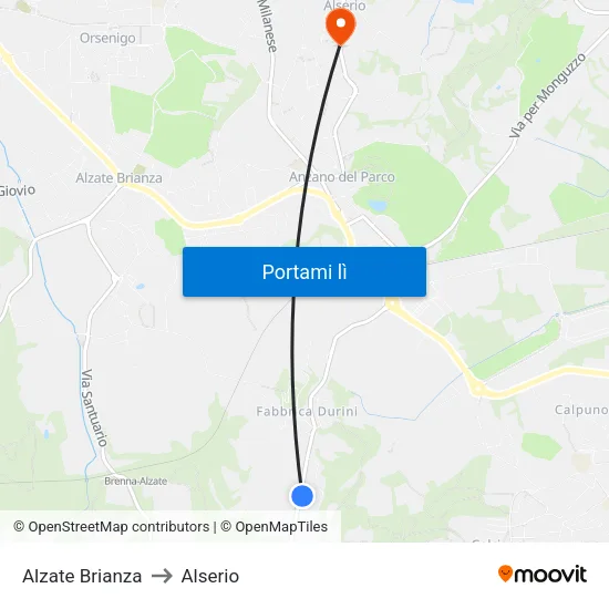 Alzate Brianza to Alserio map