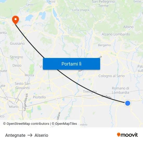 Antegnate to Alserio map