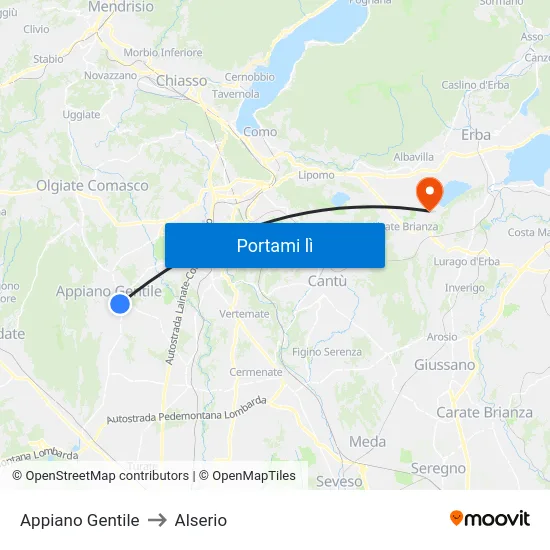 Appiano Gentile to Alserio map