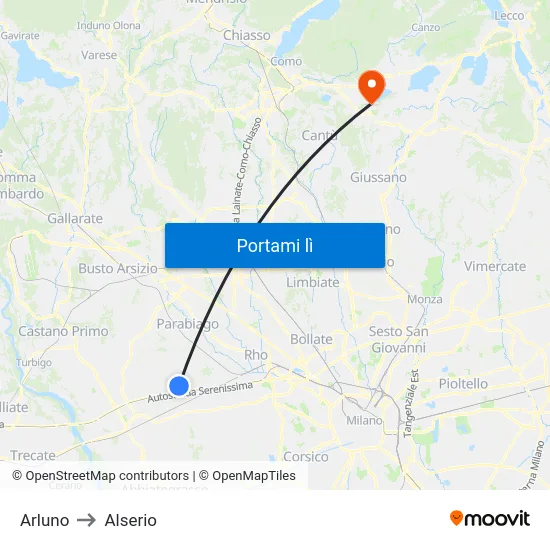 Arluno to Alserio map