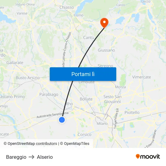 Bareggio to Alserio map