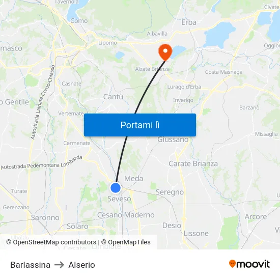 Barlassina to Alserio map