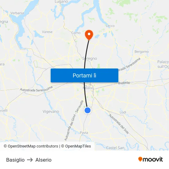 Basiglio to Alserio map