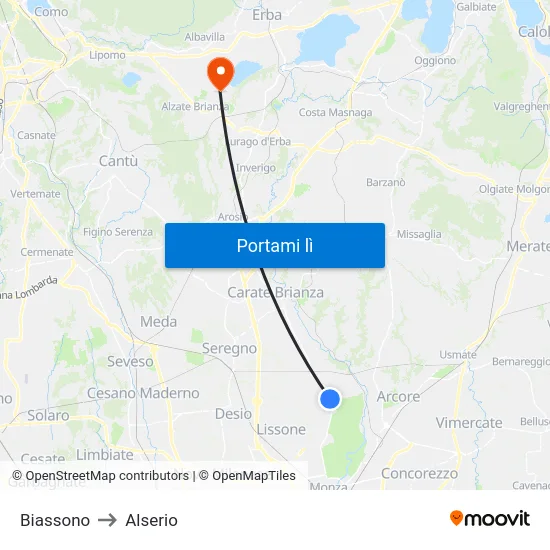 Biassono to Alserio map