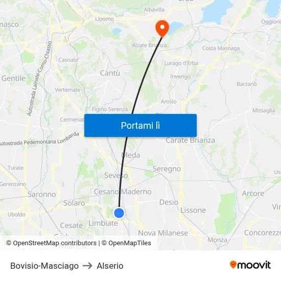 Bovisio-Masciago to Alserio map