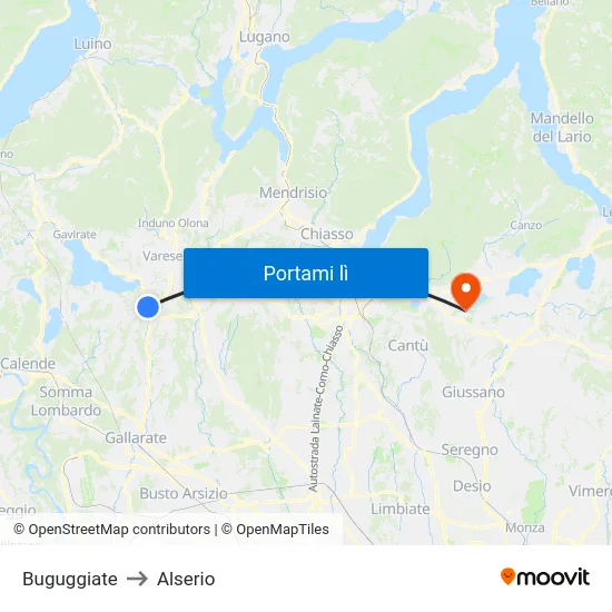 Buguggiate to Alserio map