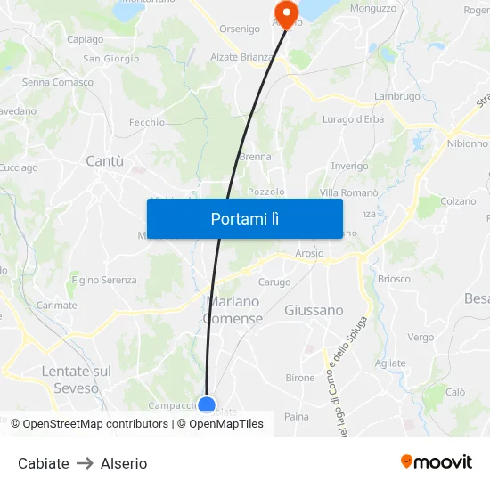 Cabiate to Alserio map