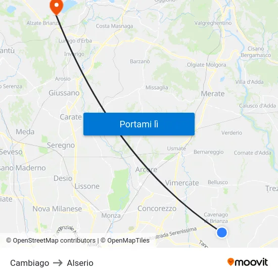 Cambiago to Alserio map