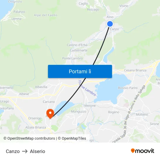 Canzo to Alserio map