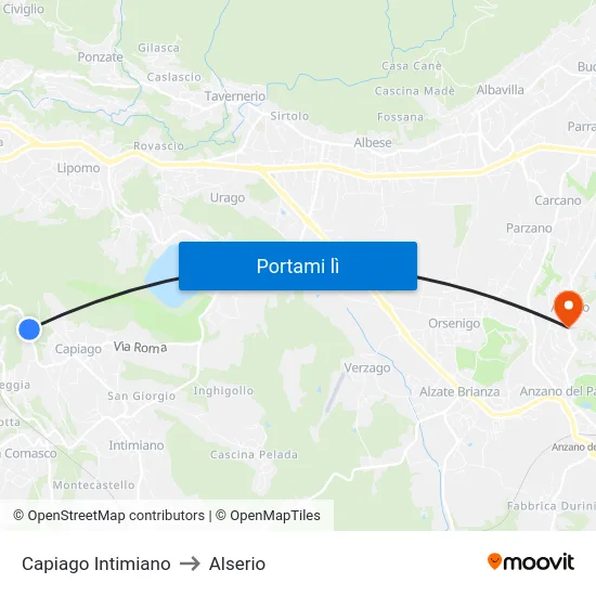 Capiago Intimiano to Alserio map