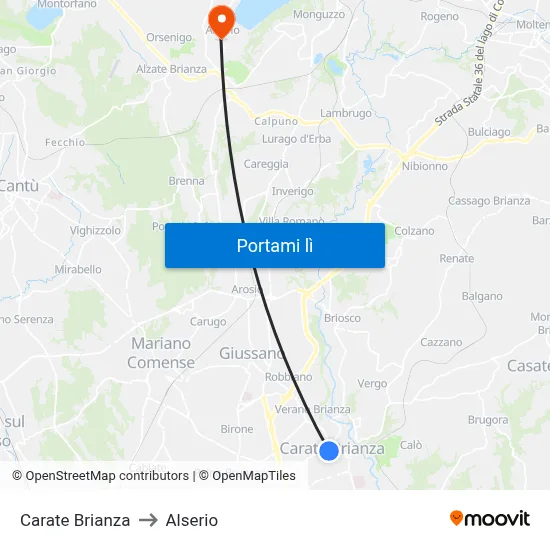 Carate Brianza to Alserio map