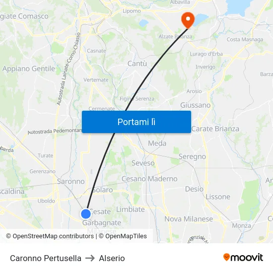 Caronno Pertusella to Alserio map