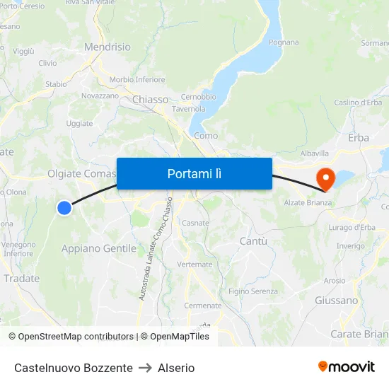 Castelnuovo Bozzente to Alserio map