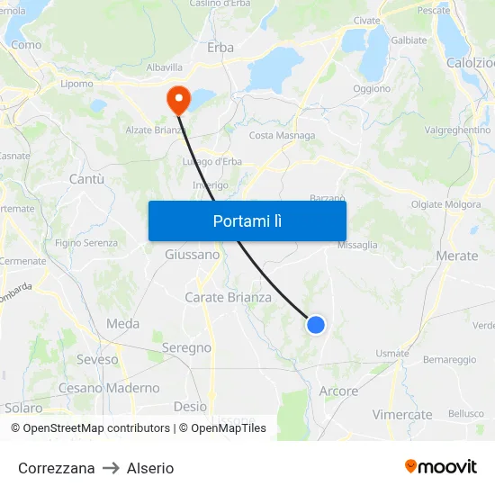 Correzzana to Alserio map