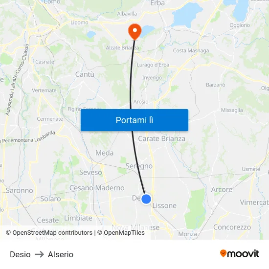 Desio to Alserio map