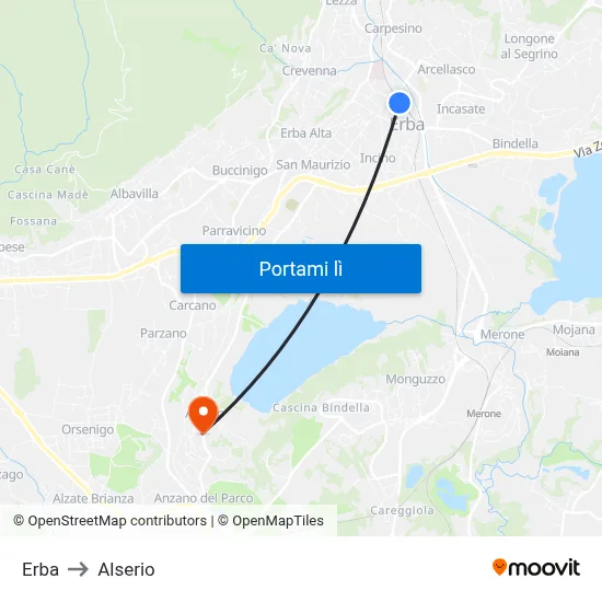 Erba to Alserio map