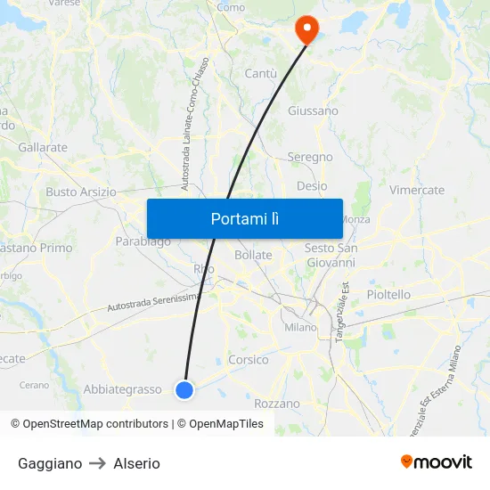 Gaggiano to Alserio map