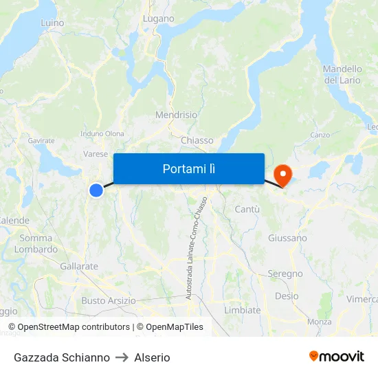 Gazzada Schianno to Alserio map