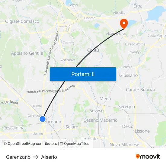 Gerenzano to Alserio map