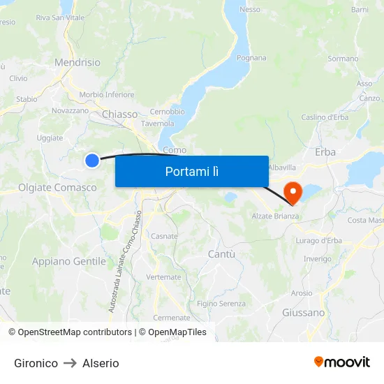 Gironico to Alserio map