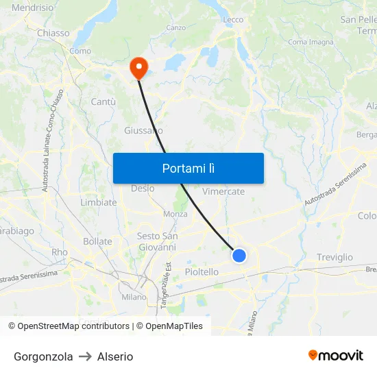 Gorgonzola to Alserio map