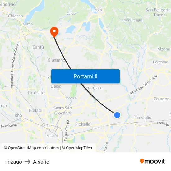 Inzago to Alserio map
