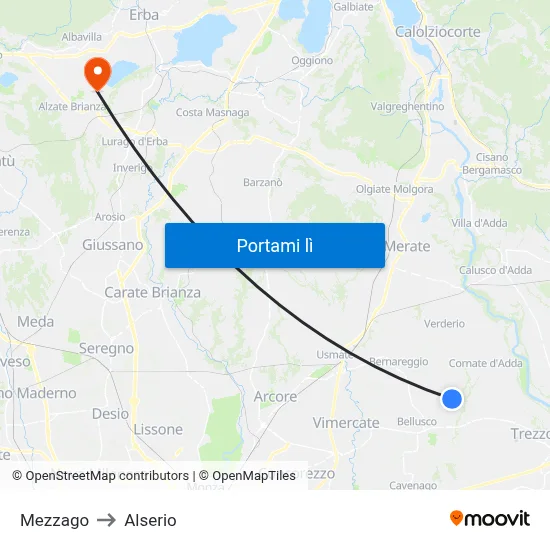 Mezzago to Alserio map