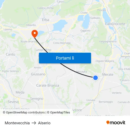 Montevecchia to Alserio map