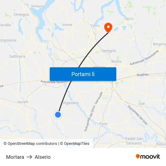 Mortara to Alserio map