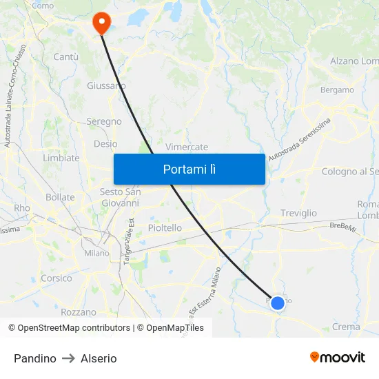 Pandino to Alserio map