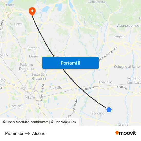 Pieranica to Alserio map
