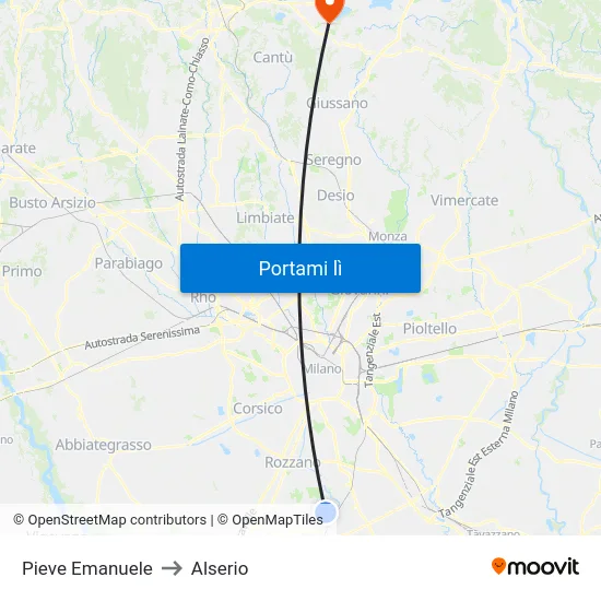 Pieve Emanuele to Alserio map