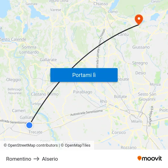 Romentino to Alserio map