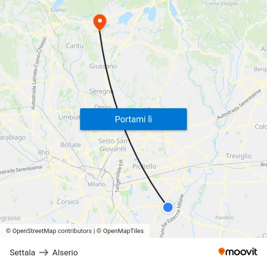 Settala to Alserio map