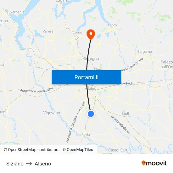 Siziano to Alserio map