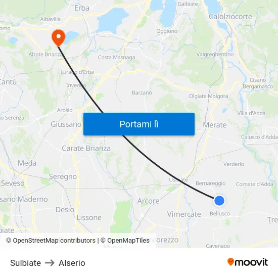 Sulbiate to Alserio map