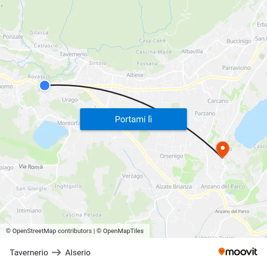 Tavernerio to Alserio map