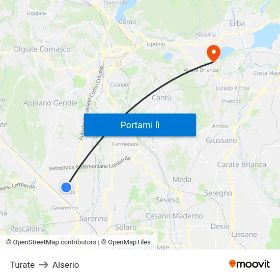 Turate to Alserio map