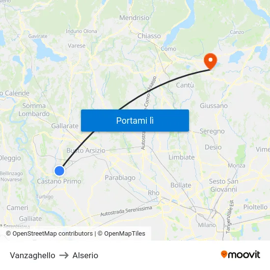 Vanzaghello to Alserio map